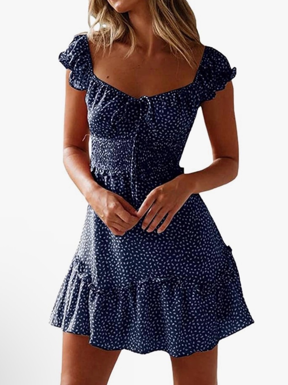 Navy & White Polka Dot Smocked Mini Dress size small